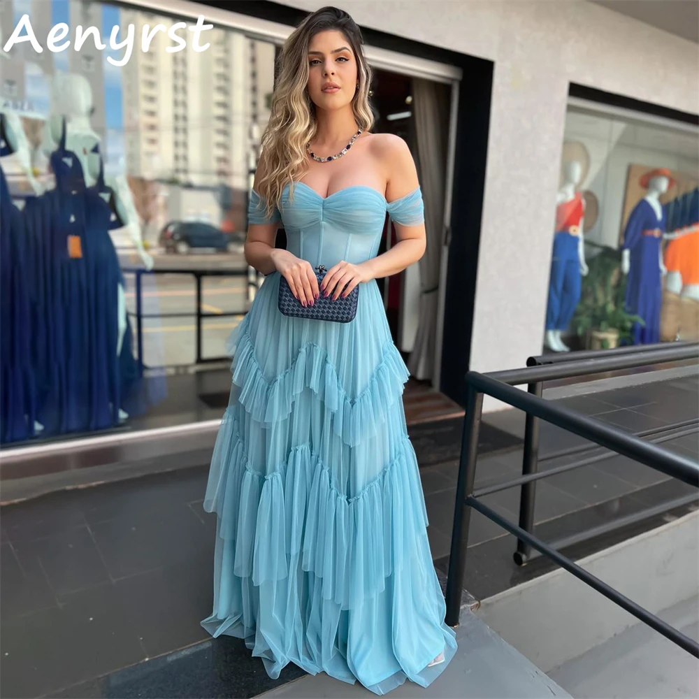 

Aenyrst Elegant Sweetheart Off Shoulder A Line Prom Dresses Tulle Tiered Backless Evening Gowns Floor Length Dinner Party Dress