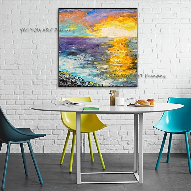 Handmade Sunrise Oil Painting Canvas Gold Sea Acrylic Wall Hand-painted Home Decor Quadros Sky Decoracion For Living Room Gifts