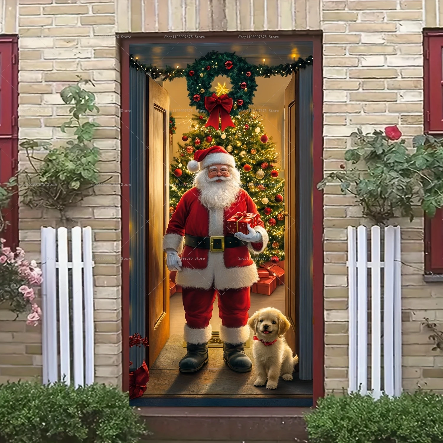 Weihnachts mann und Welpen Tür abdeckung Weihnachten Dekorationen Fotografie Hintergrund Indoor Outdoor Veranda Party Dekor Foto Hintergrund