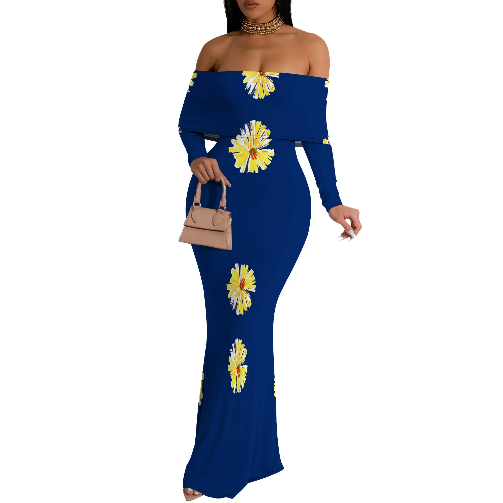 Elegantes marineblaues Maxikleid, schulterfreies, langärmliges, figurbetontes Kleid mit Grasmuster für formelle Anlässe