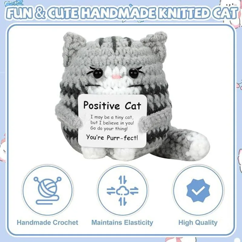

Positive Crochet Cat Mini Animal Emotional Cheer Up Support Gift Funny Crochet Mini Handmade Cat for ChrismasTeen Festival Gifts