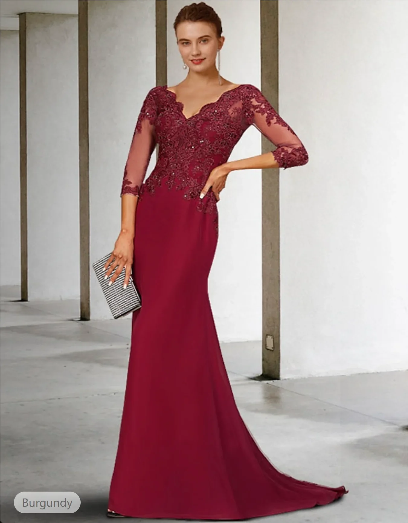 Mermaid / Trumpet Mother of the Bride Dress Luxurious Elegant V Neck Court Train Lace Stretch Chiffon 3/4 Length Sleeve