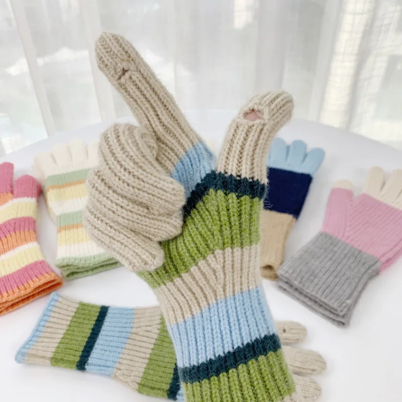 Long Winter Touch Screen Gloves Women Men Warm Stretch Knit Mittens Imitation Wool Full Finger Stripe Crochet Luvas Candy Color 