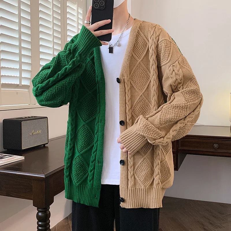 

2023 Men's Autumn and Winter New Dual-Color Patchwork Cardigan Sweater Youth Fashion Casual Outdoor Sweater