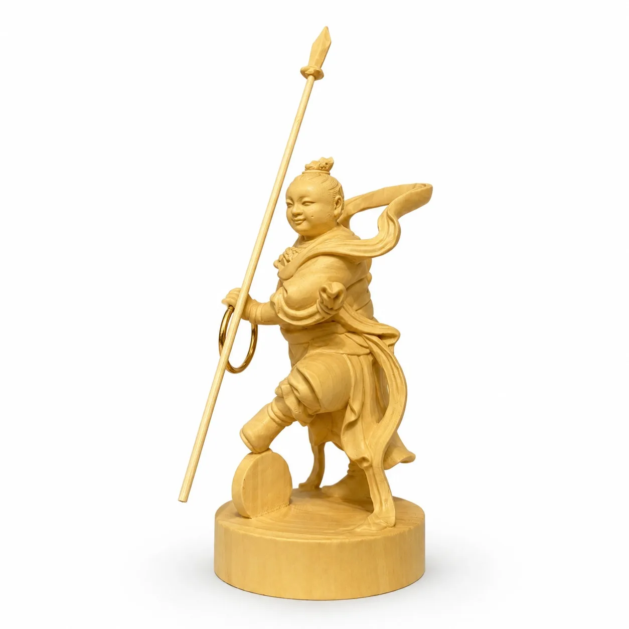 Hand Carved Boxwood Nezha Third Prince Statue Traditional Chinese Deity Figurine for Zen Home Office Desk Decor Gift