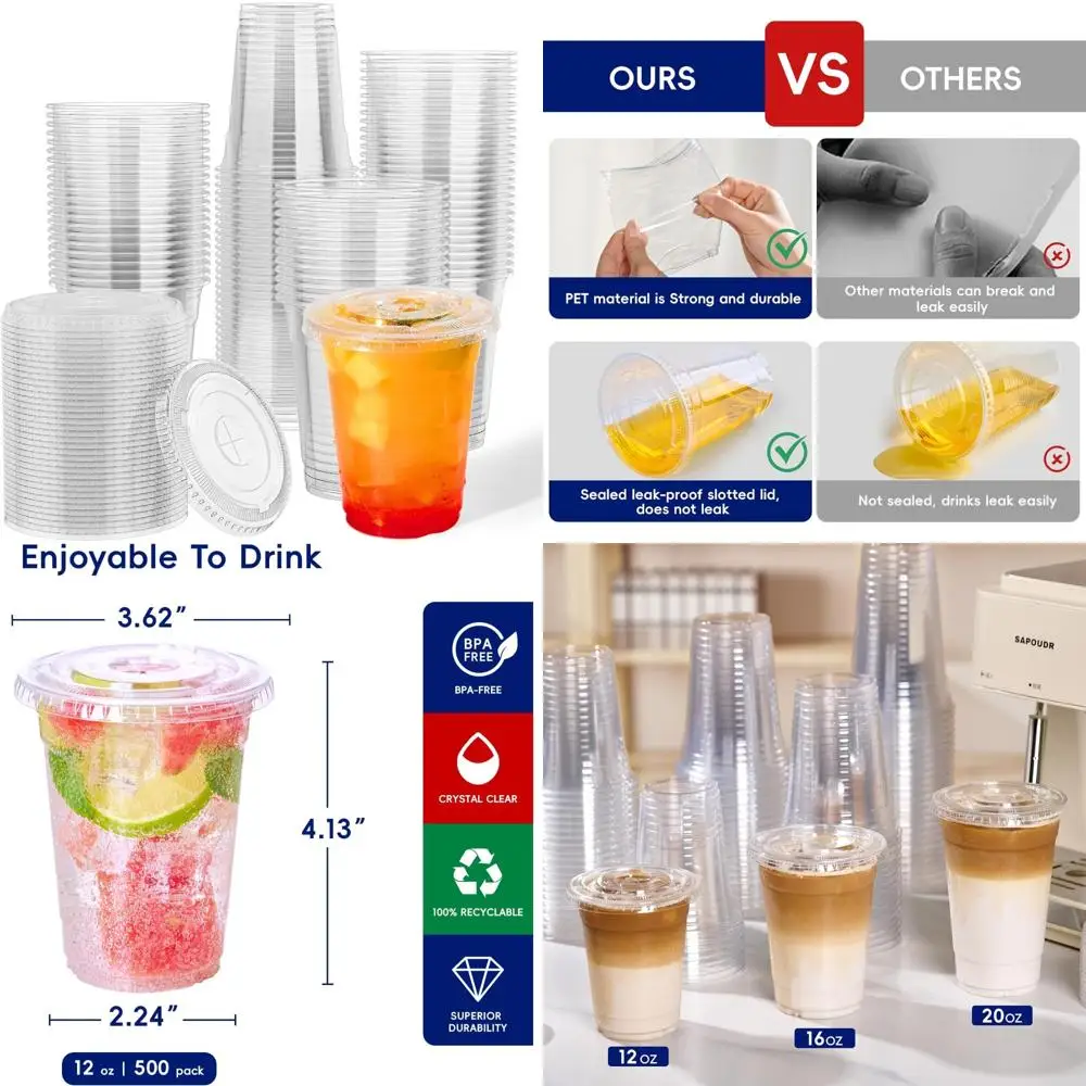 

JOLLY CHEF Пластиковые стаканчики на 12 унций с крышками, 500 упаковок хрустальных прозрачных стаканчиков из ПЭТ, одноразовые чашки для кофе с крышками для кофе, молока