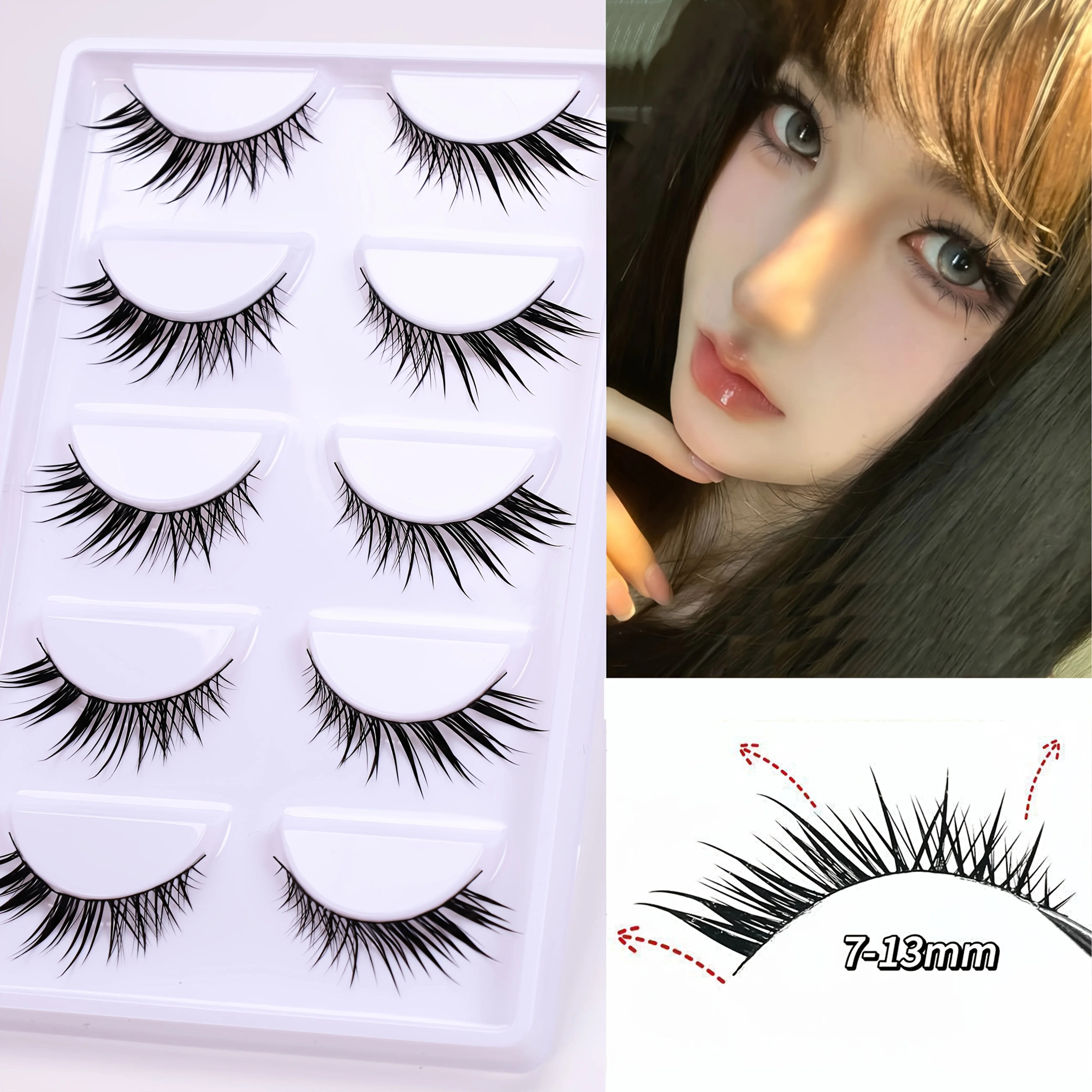 5 Pairs of Diagonal Flying False Eyelashes with Fine Black Stems, Naturally Curled and Curled, Elongated at the End of the Eyes