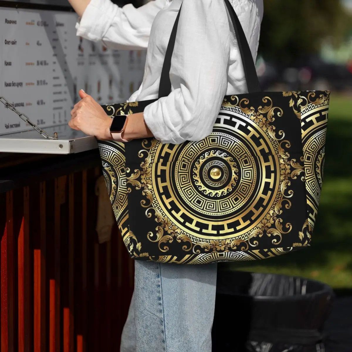 Greek Keys Black Gold Medallion Meander Baroque Beach Tote Bag Sport Gym Yoga Duffle Large Tote Bag Women Travel Bag Fitness bag