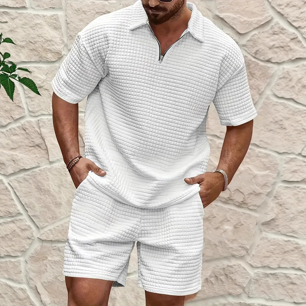 

2026 European And American Men's Spring And Summer Trends Youth Outdoor Lapel Small Plaid Short Sleeve Shorts Sports Suit