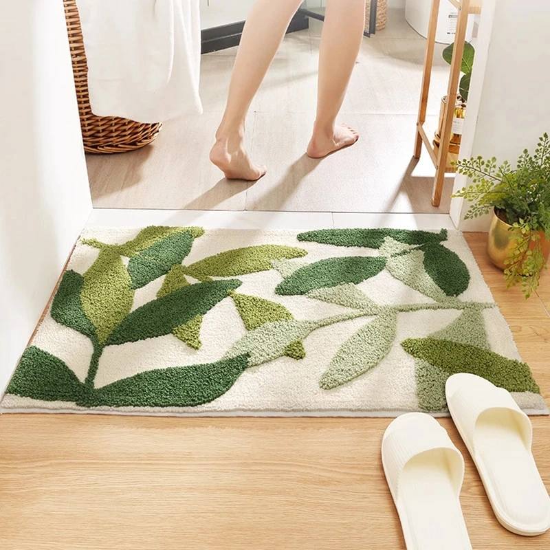 Leaves Green Flocking Bath Mat Non-slip Absorbent Microfiber Bathroom Rug Home Entrance Door Mat Super Soft Bath Carpet Tapijt