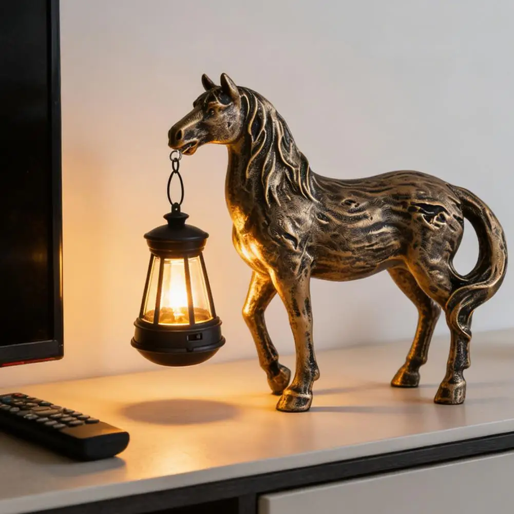 Solar Garden Horse Figurine Resin Horse Sculpture with Solar Lantern Desktop Retro Horse Statue for Home Indoor Outdoor Decor