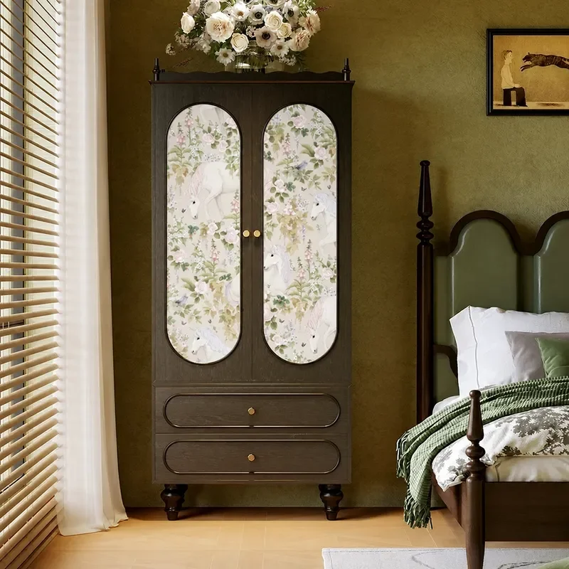 Medieval Unicorn Flower Solid Wood Wardrobe Living Room Porch Six Drawer Storage Cabinet Household Organizer