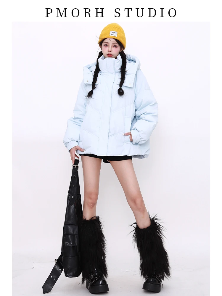 

Women Blue Gothic Parka Jacket Overcoat Warm Coat Oversize Korean 90s Vintage Harajuku Long Sleeve Padded Jacket Clothes Winter