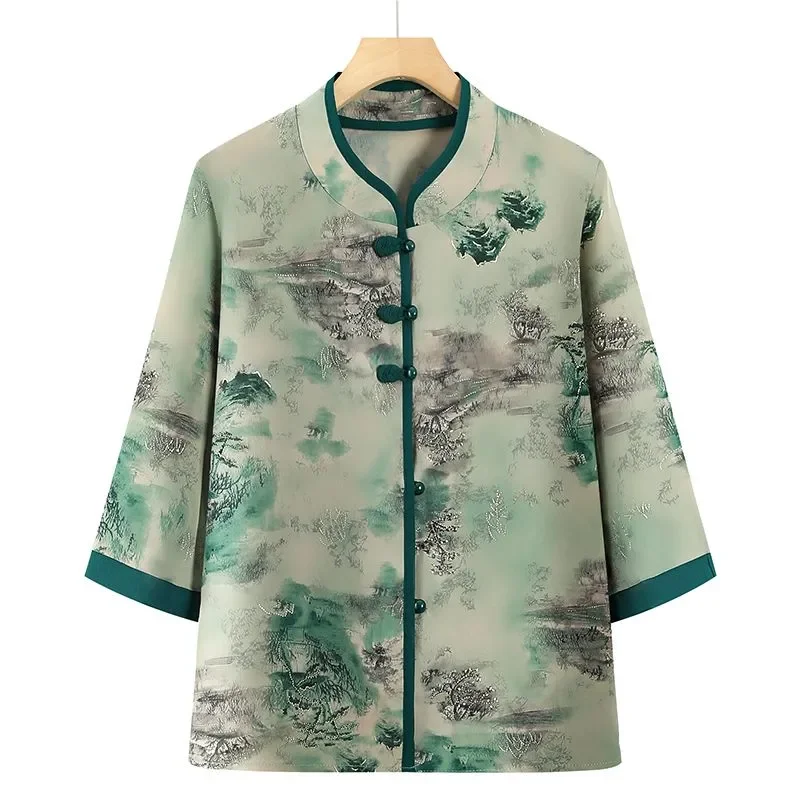 

Chinese Style Landscape Print Chiffon Shirt for Elderly Women Summer Loose 3/4 Sleeve Traditional Top for Daily Wear