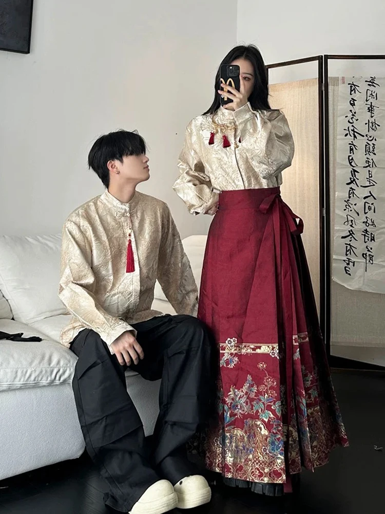 Red Long Sleeve Button up Shirt Couple's Set Traditional Chinese Style Hanfu Wedding Clothes Daily Wear  Tailed Skirt