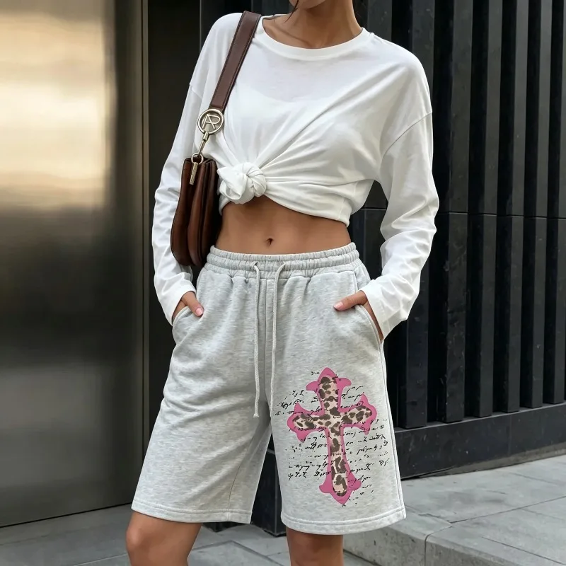 Leopard Print Cross Print Sports Shorts, Y2K Style, Street Style, Punk Style Unisex Casual Shorts