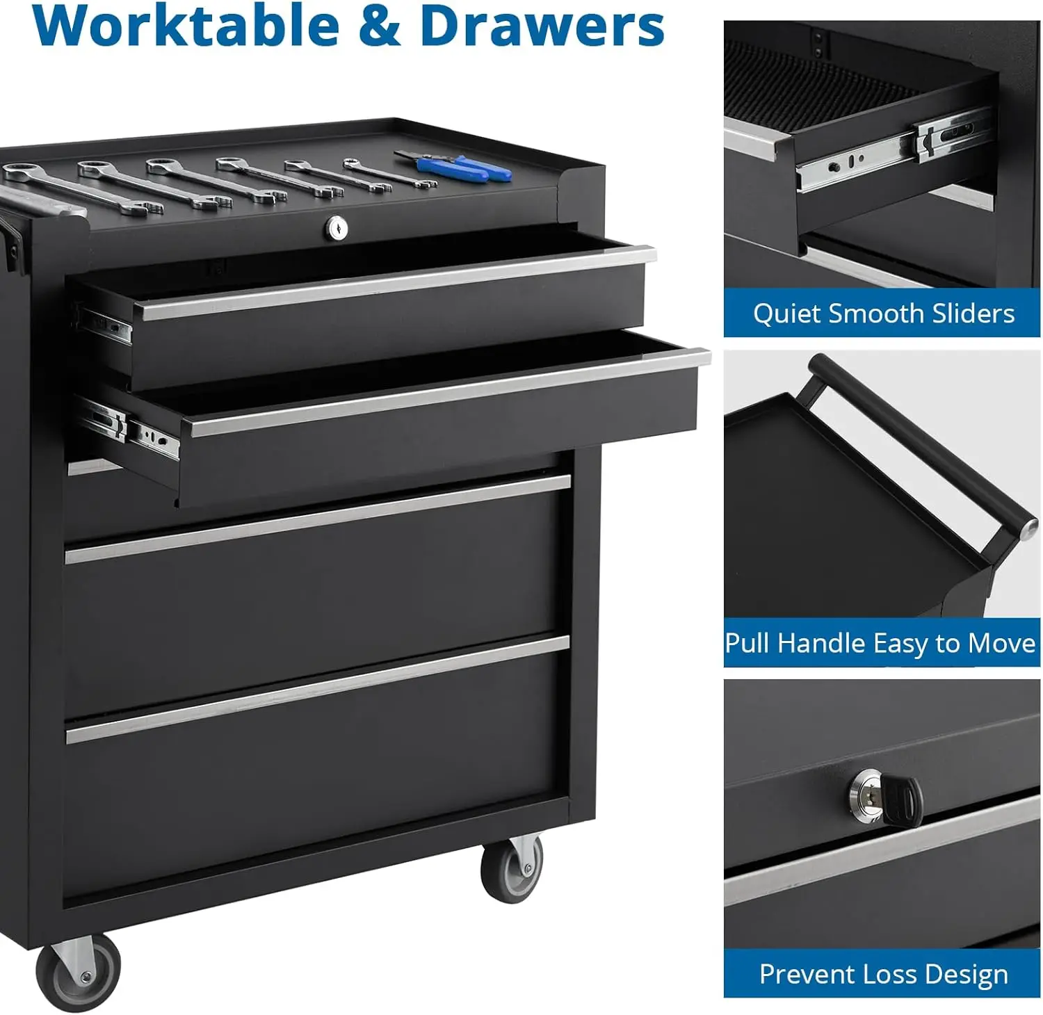 خزانة أدوات دوارة، خزانة أدوات مكونة من 5 أدراج، صندوق أدوات بعجلات، منظم خزانة أدوات محمول مع نظام قفل · ساخن #6