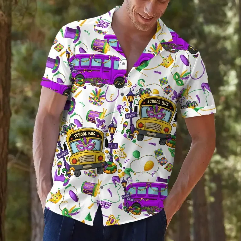 Tropical Style School Bus Floral Short Sleeved Flower Shirt, Retro Bus Egg Flower Niche Men's Loose Shirt