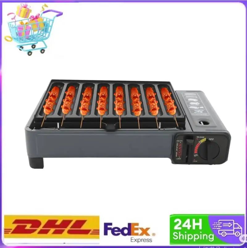 

Portable Butane Camping Stove with 2 Gas Connections, Sausage Grill Plate Piezo-electric ignition Gas Grill Stove for Outdoor