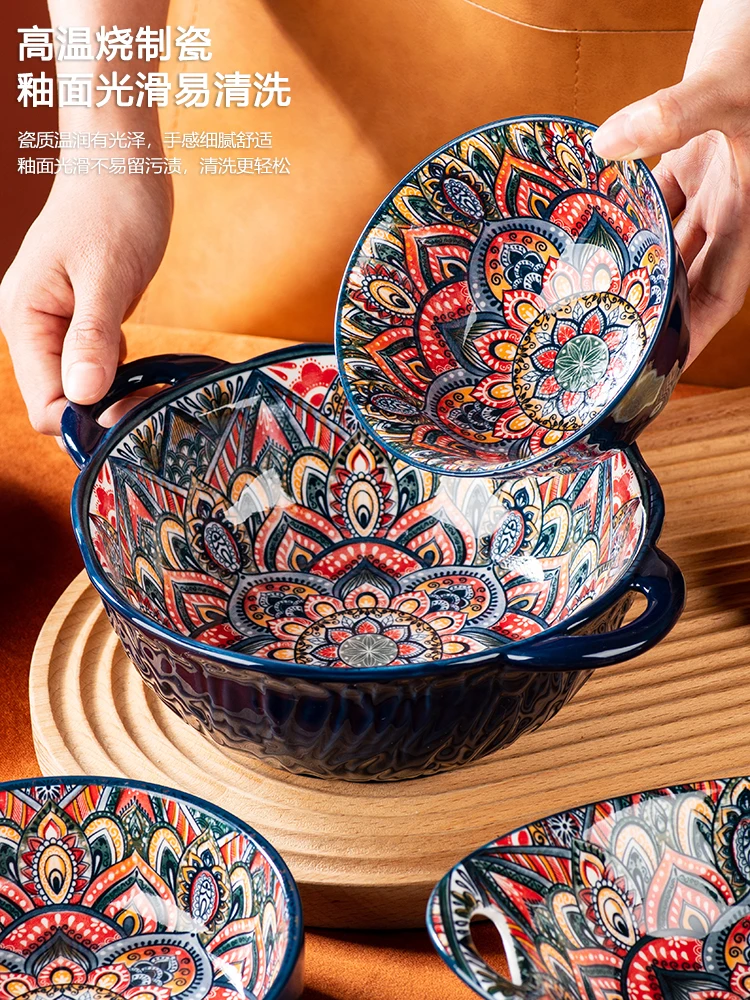 Bohemian ceramic dishes tableware household baking tray handle bowl high beauty rice bowl double ear soup bowl plate