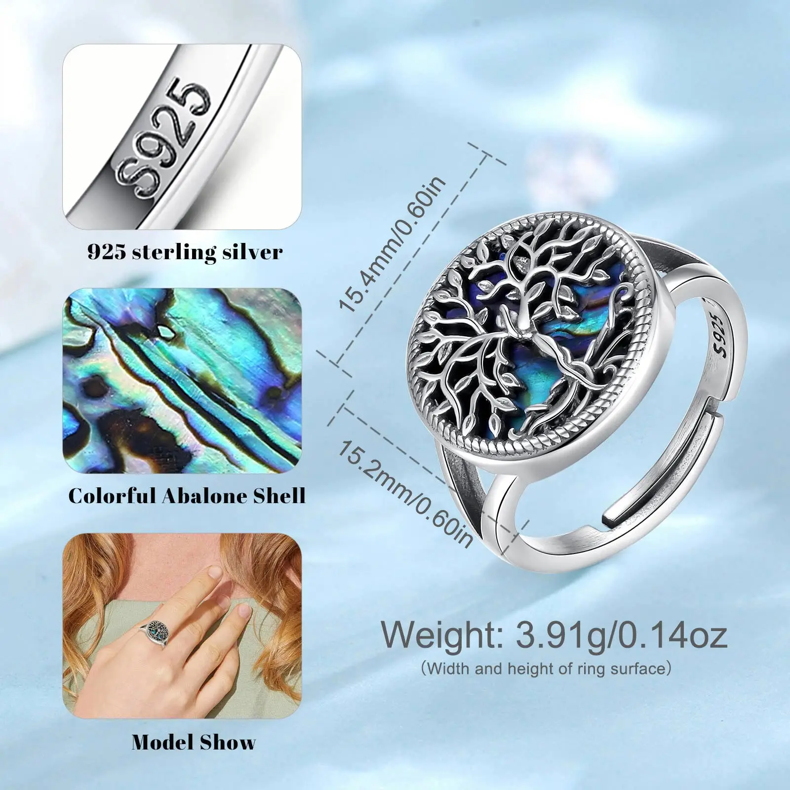 Eudora 925 Sterling Silver Tree of Life Adjustable Ring for Men Women Elegant Natural Abalone Tree Ring Fine Jewelry Party Gift