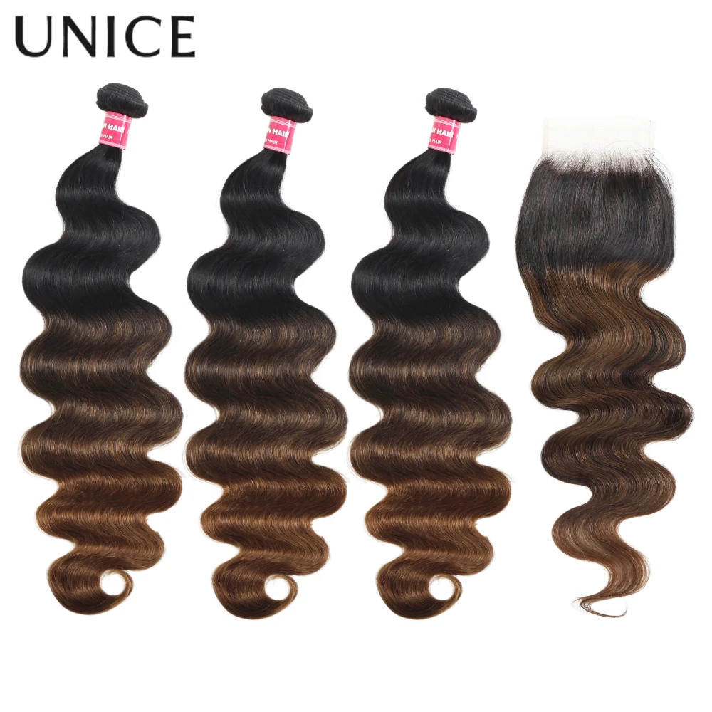 UNice Chestnut Brown Ombre Body Wave Bundles With Closure 100% Human Hair 3 Bundles With 4x4 Lace Closure Make 250% Density Wig