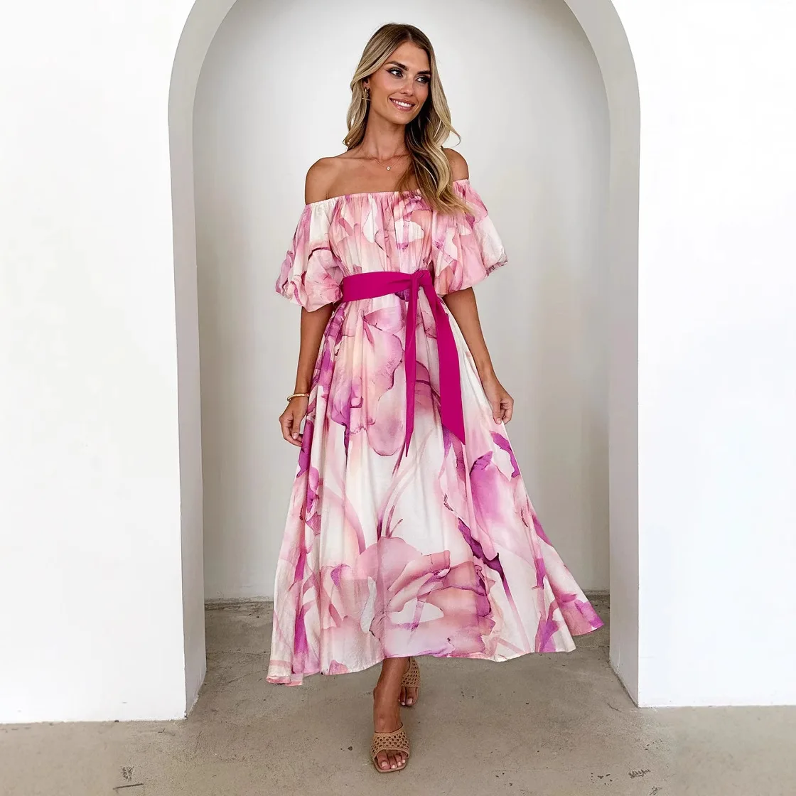 

Elegant Flower Print Dresses Wome Sexy Off Shoulder Leace-up Puff Sleeves Long Dress Temperament Lady Party Banquet Vestidos