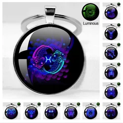 25MM/30MM Luminous Zodiac Signs Keychain Glass Cabochon Cancer Leo Scorpio Constellation Keyring Jewelry Birthday Gifts