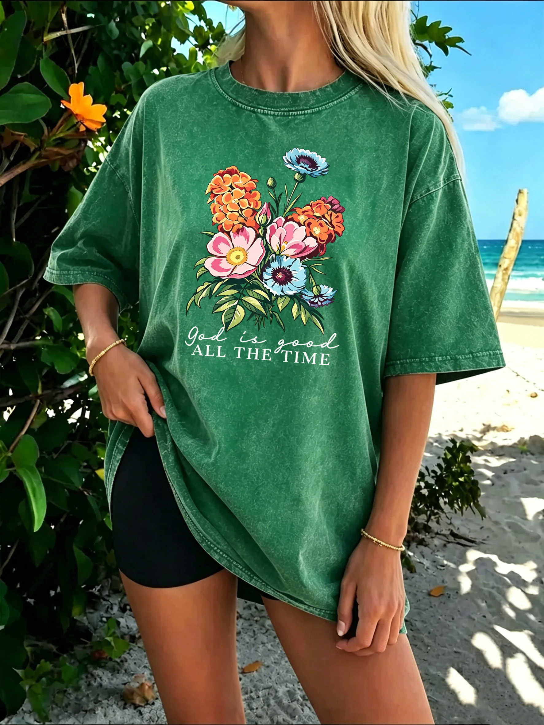 God Is Good All The Time Wildflower Bouquet Print Women'S Washed T-Shirt Loose O-Neck T Shirts Cotton Y2K Top Summer Streetwear