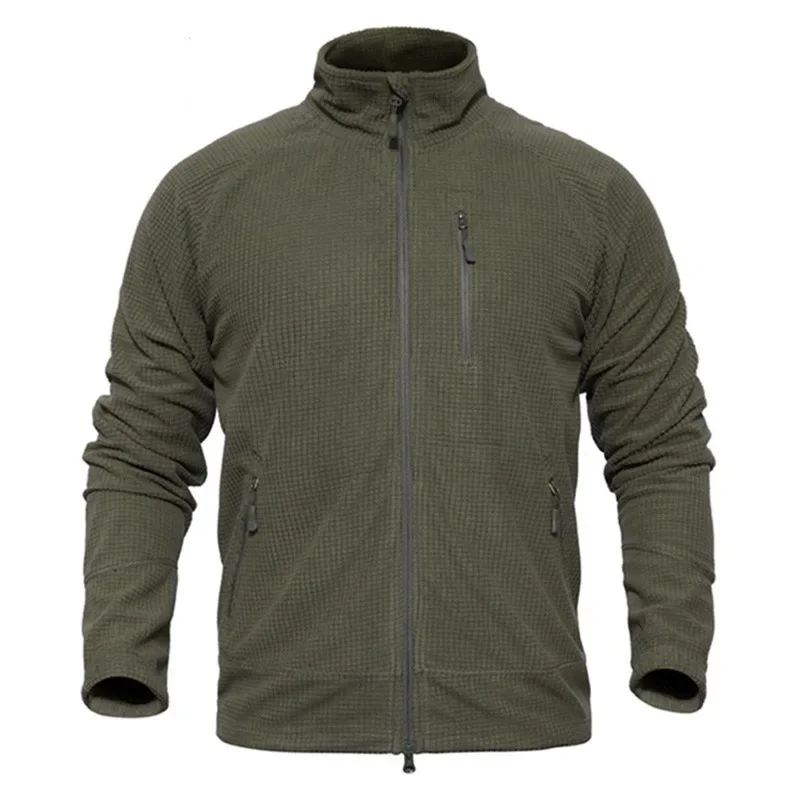 Men's Tactical Grid Fleece Jacket Full Zip Stand Collar Warm Windproof Outdoor Hiking Fishing Fleece Coat Base Layer