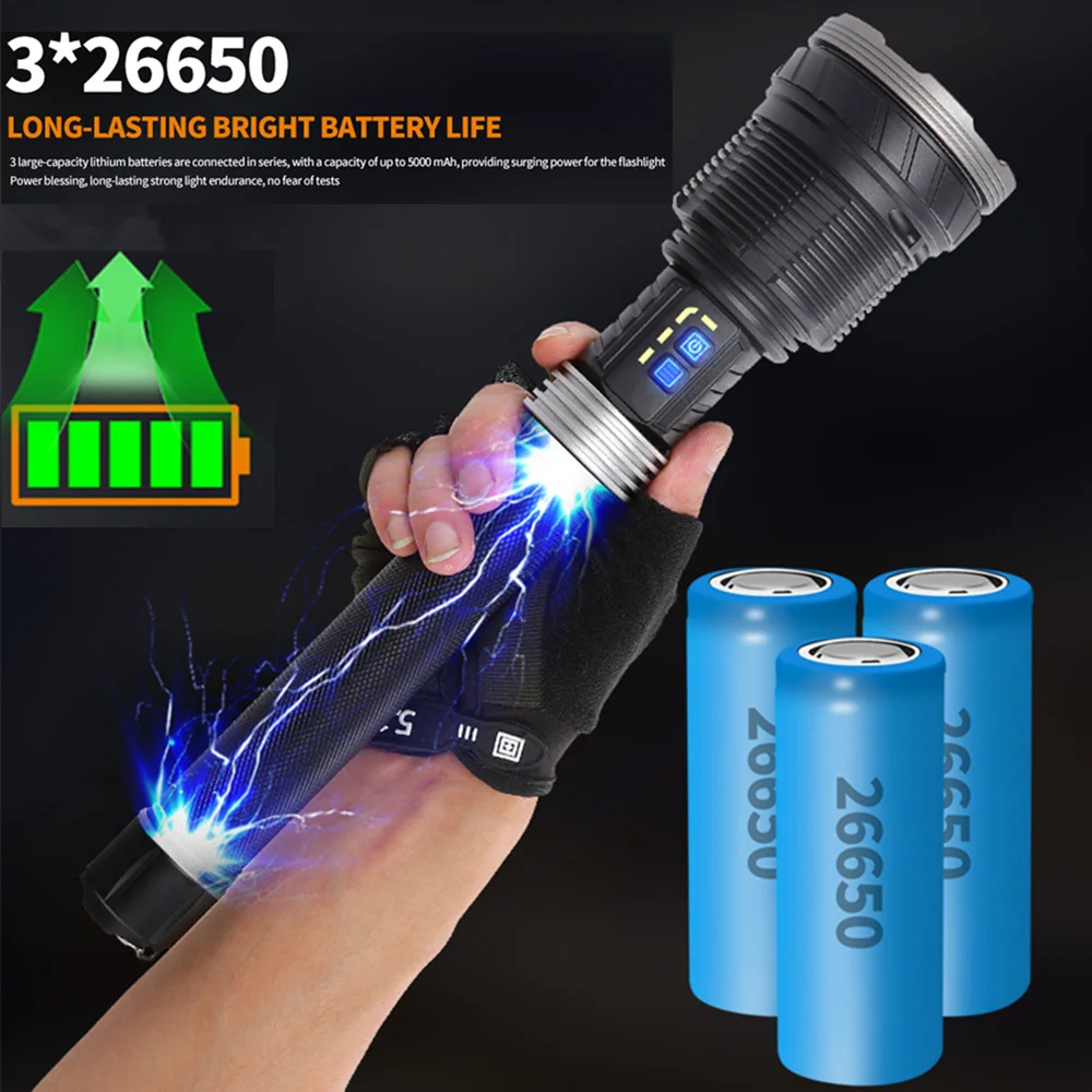 High-power XHP360 Flashlight 150W Zoom Waterproof Type-C USB Charging Portable Mobile Charging Bank