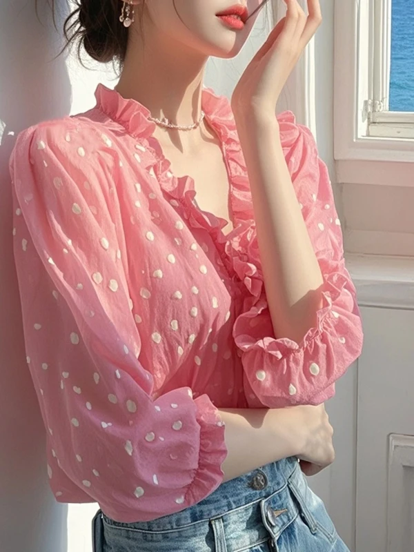 

Pink Polka Dot Chiffon Shirt Women's Loose Fit Spring Summer Fashion Design Collar Button up Sleeveless Top Wood Grain