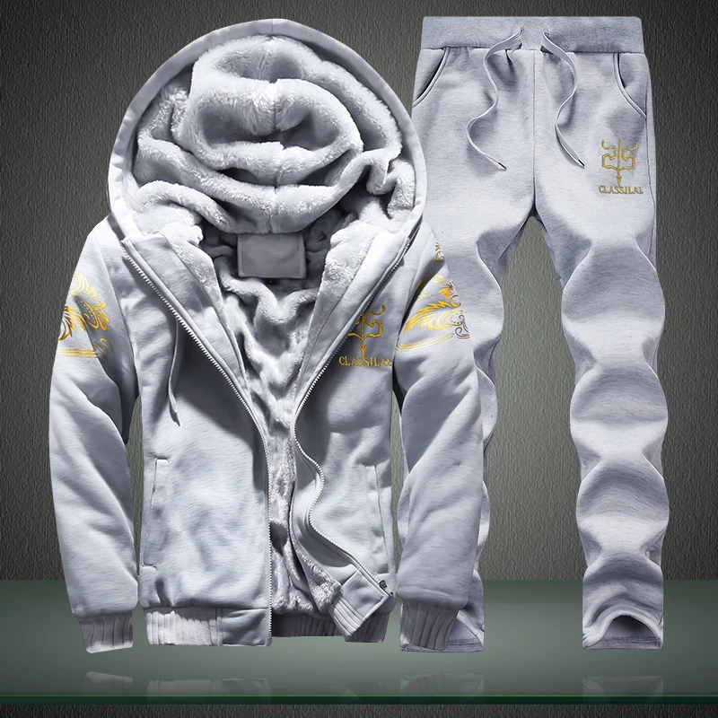 Men Thermal Fleece Hooded Tracksuit 2Pcs Winter Gold Print Jogging Outfit