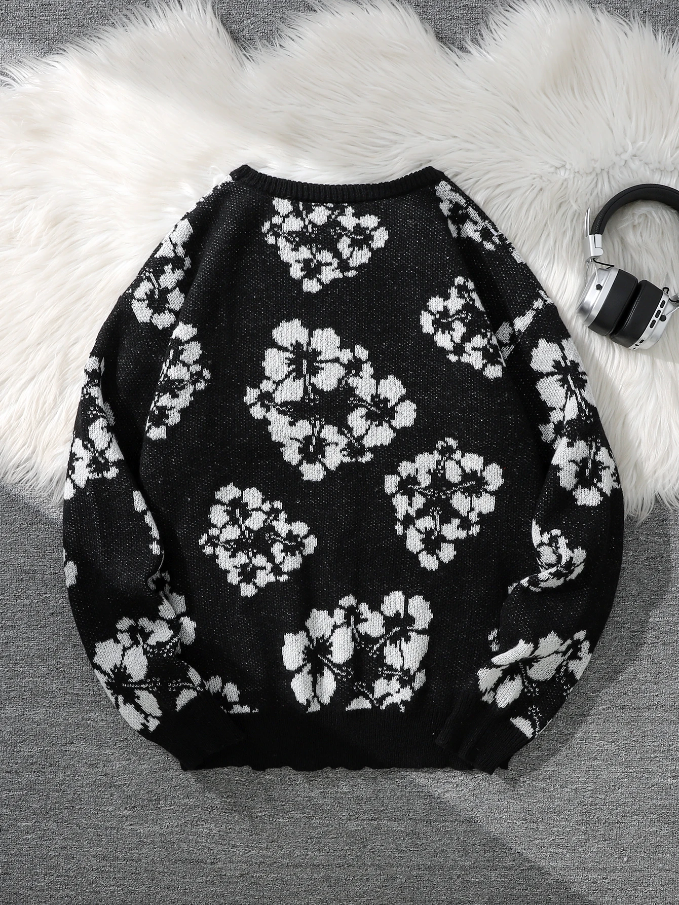 All-Over Floral Jacquard Pattern Pullover Sweater, Casual Crew Neck Knit Men's Pullover, Super Cool Winter Gift
