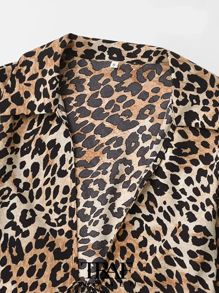 TRAF-Lapel Collar Long Sleeve Blouse for Women, Animal Print, Tied Leopard Shirts, Chic Tops, Sexy Fashion