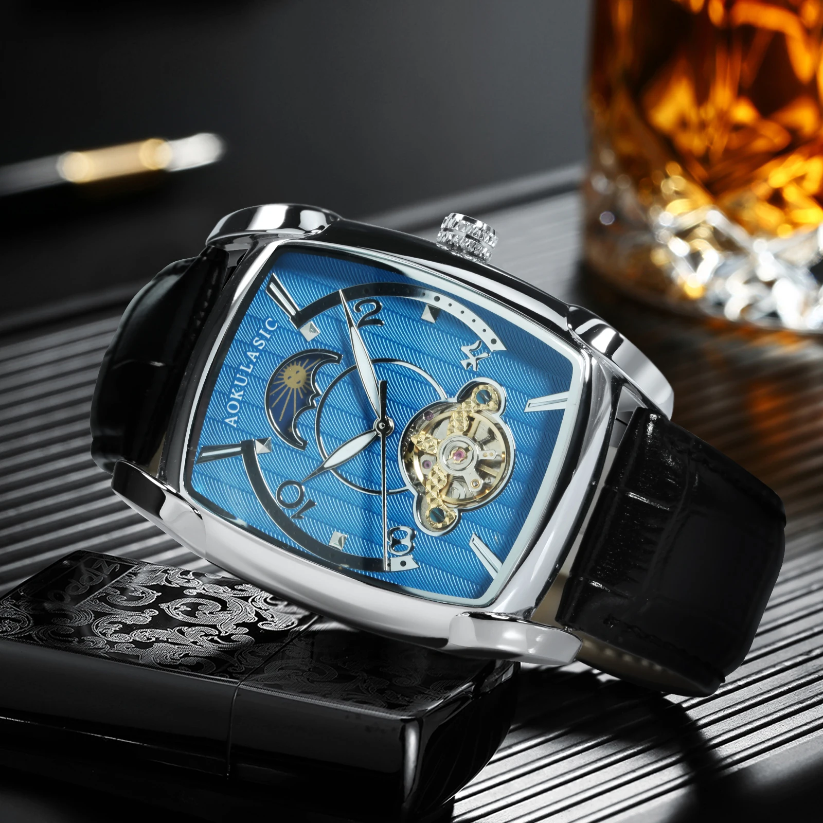 AOKULASIC Fashion Skeleton Mechanical Watches Tonneau Moon Phase Tourbillon Automatic Watch for Men Leather Strap Luminous Hands