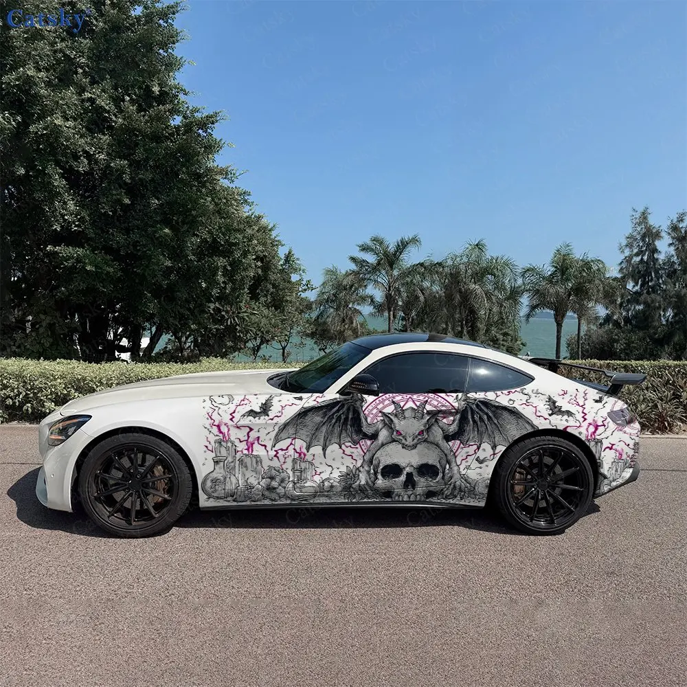 

2Pcs Purple Hazy Totem Skull Bat Wing Car Side Wraps, Self-Adhesive PVC Waterproof & Scratch-Resistant Stickers, Car Accessory