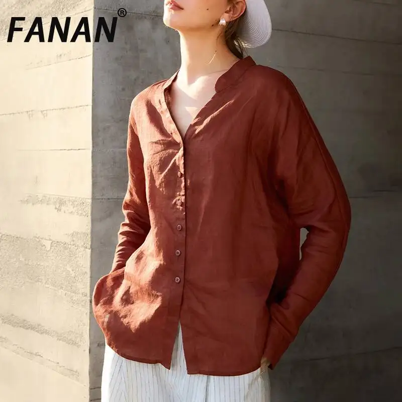 

FANAN 100% Linen V-neck Shirtwomen's Casual Style Long-sleeve Top For Women New Summer High-end Vacation Lightweight Sunscreen