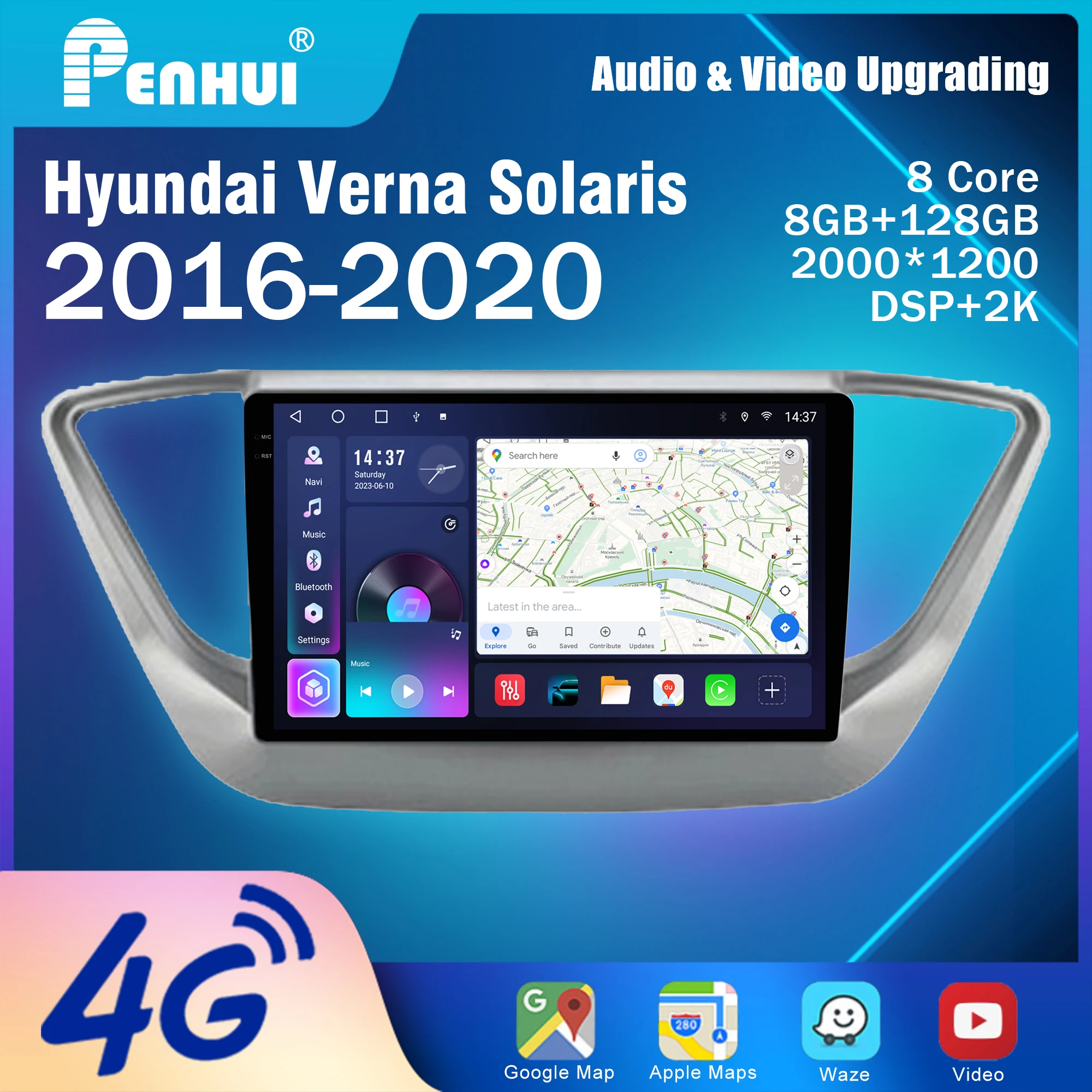 Penhui Android Car DVD Player 2 Din for Hyundai Verna Solaris 2016-2020 Multimedia Screen with DSP, Bluetooth, Audio & CarPlay