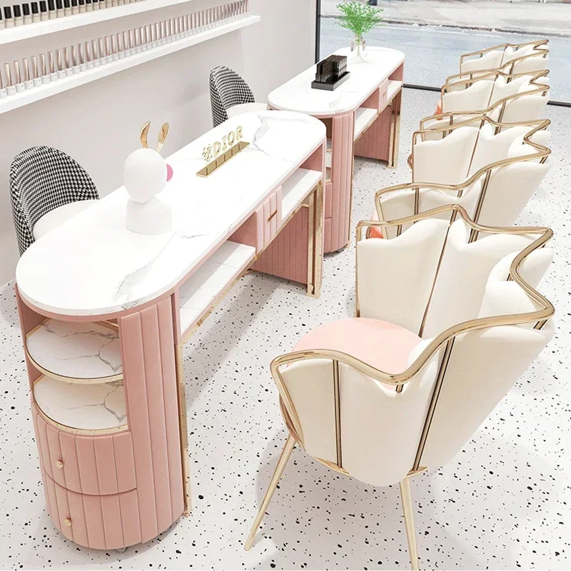 Modern Luxury Fashion Design Pink Saloon Table Double Manicure Table For Nails Salon Furniture Manicure