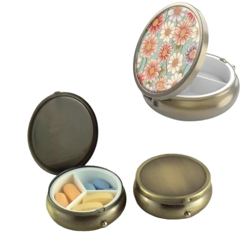 Portable Pill Case Pill Box With Mirror Retro Small Pill Case For Purse Or Pocket Pill Box Or Vitamins Fish Oil Supplements