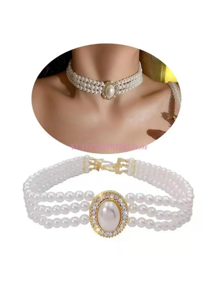 N5KF Fashionable Simulated Pearls Choker Necklace Street Collar Chain Hip Hop Female Neckchain Wedding Jewelry