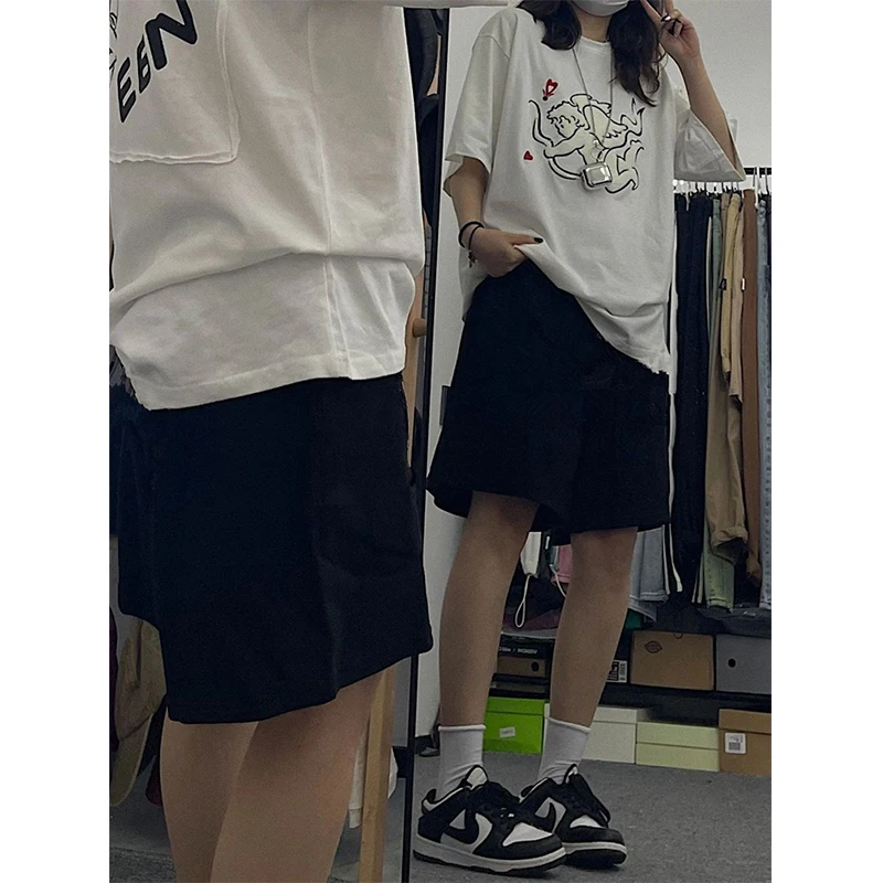 Harajuku Pure Cotton Shorts Women Oversized Cargo Shorts Summer Streetwear Korean Black White Baggy Wide Leg Sports Short Pants