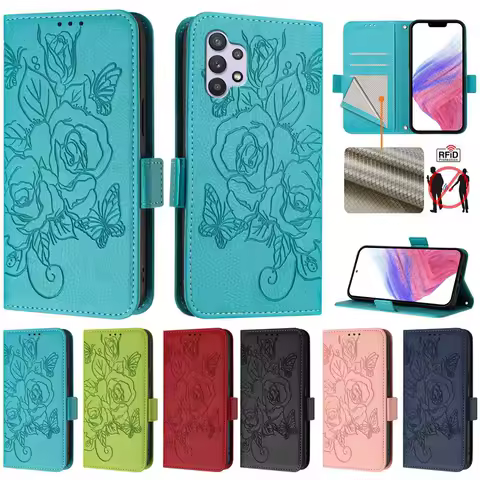 Fashion Rose Flower Card Flip Leather Case For Samsung A12 A13 A14 A22 A23 A24 A32 A33 A34 A42 A52 A53 A54 A72 A73 5G A52S Cover