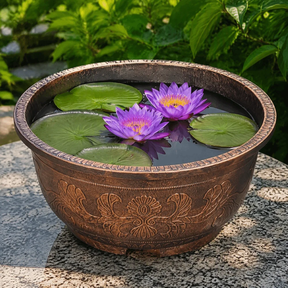 Resin Lotus Planter Pot Large Deepened Water Reservoir Planter 4.5L-31L Capacity Copper Bronze Retro Flower Pot Home Gardening