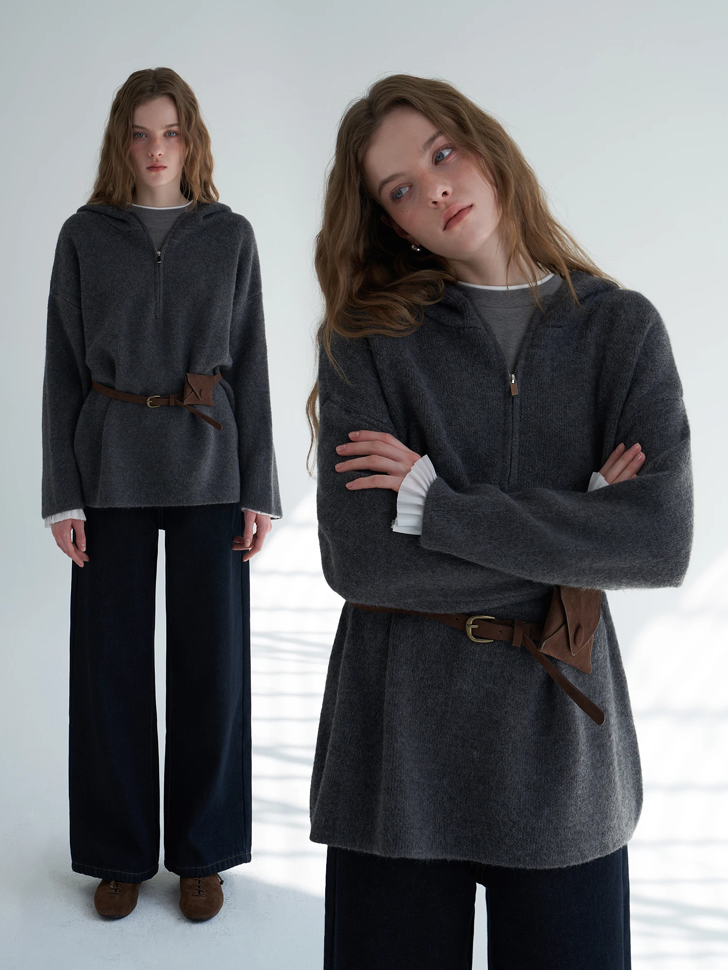 

ay Hooded f Zip Sweater EGGKA Loose Lazy Simple Knitted Top Women's Faion Autumn Winter New Arrival Polyester Fiber