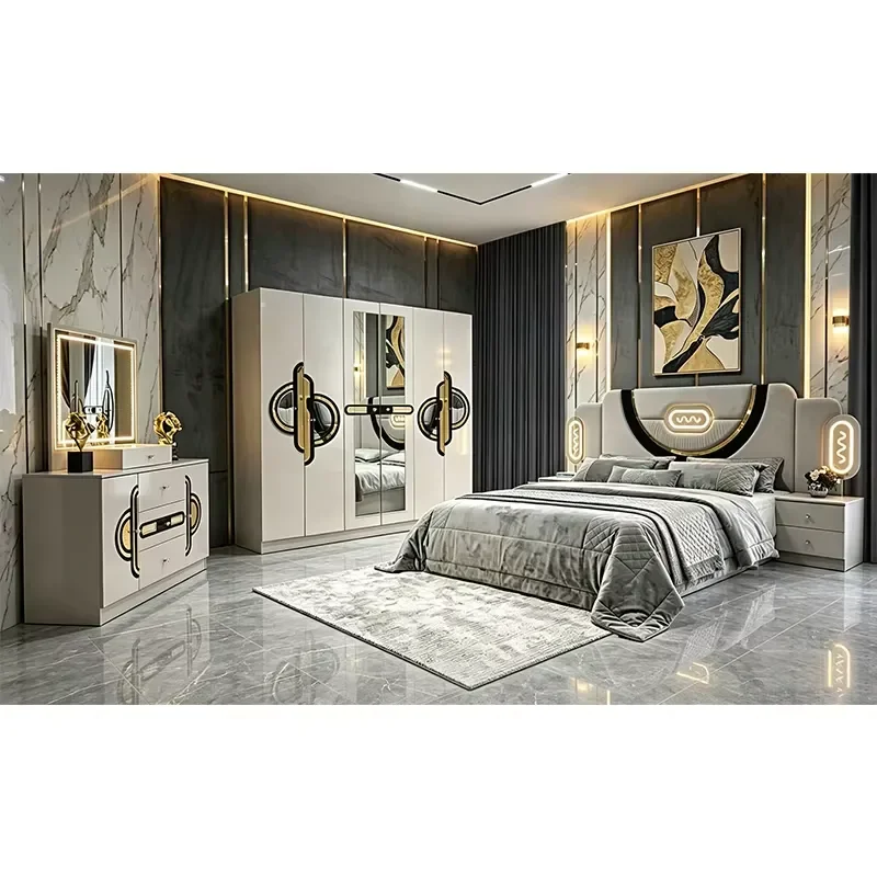 Luxury Queen Size Wooden Frame Bed Set Modern Turkish Style Double Bedroom Furniture Wholesale High End Home Decor
