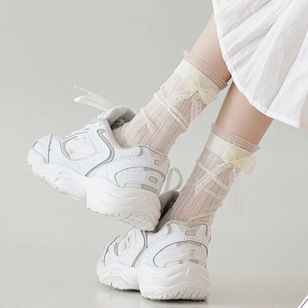 

3Pairs Cute Ruffle Mesh Bowknot Socks Ballet Style Breathable Mid Tube Socks Lolita Female Hosiery Sweet Socks Women Streetwear