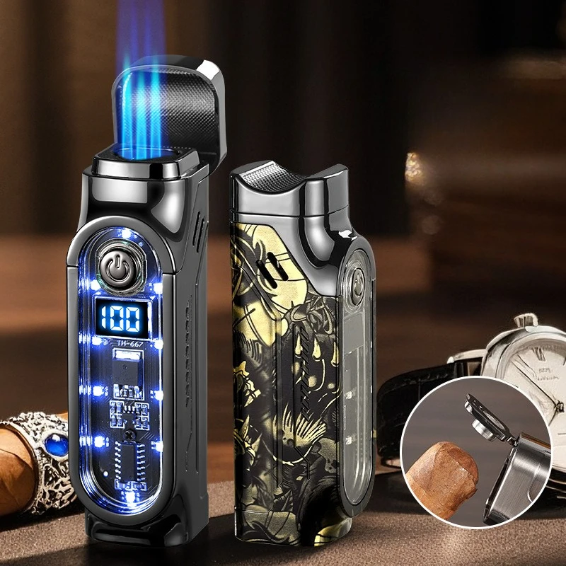 New Cigar Specific Three Direct Flame Lighter, Multi functional Cigar Specific Inflatable Lighter, Cigar Accessories, Men's Gift