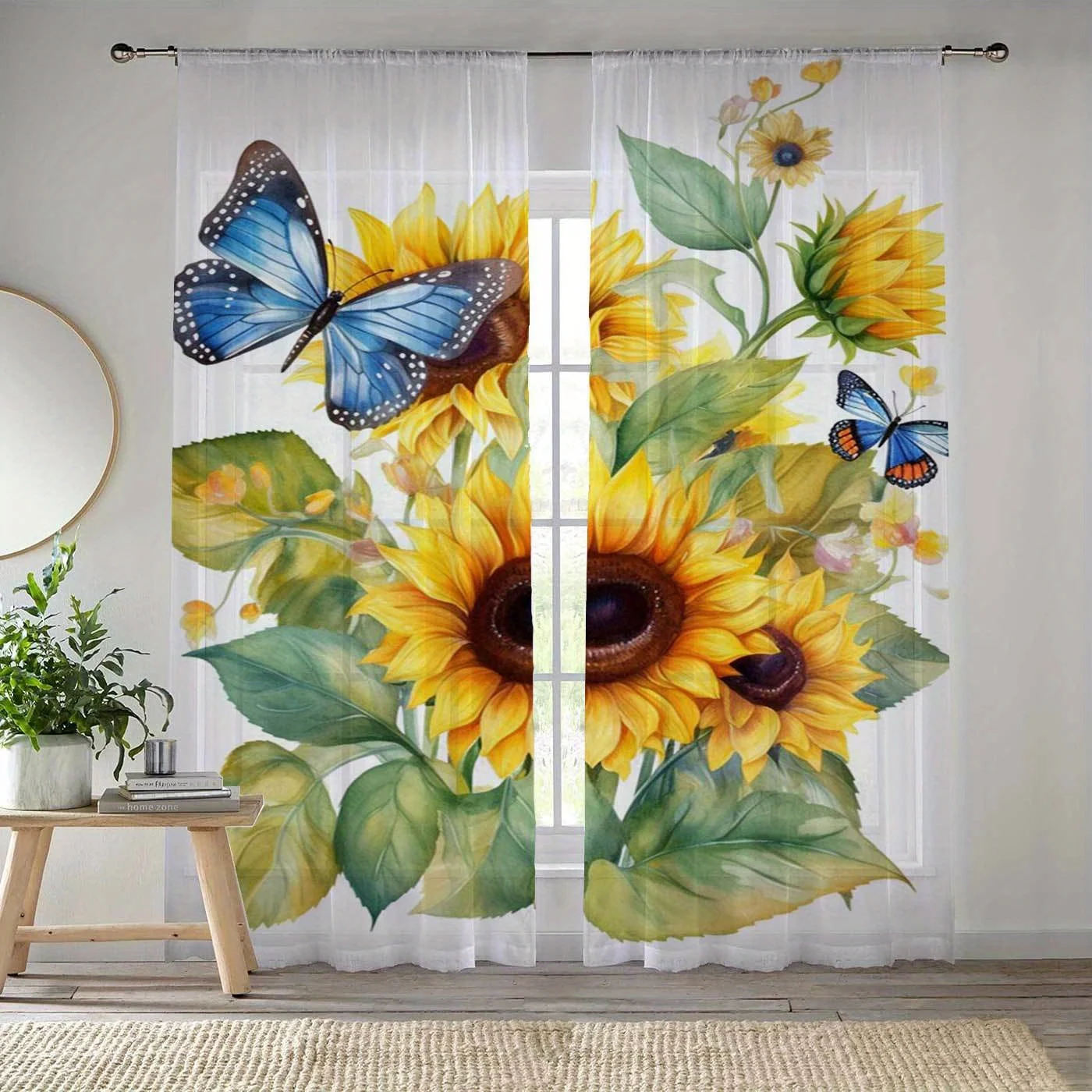 Modern Simplistic Style Sunflower Print Drapes for Living Room Bedroom Decor Rod Pocket Semi-Sheer for Windows Decorations